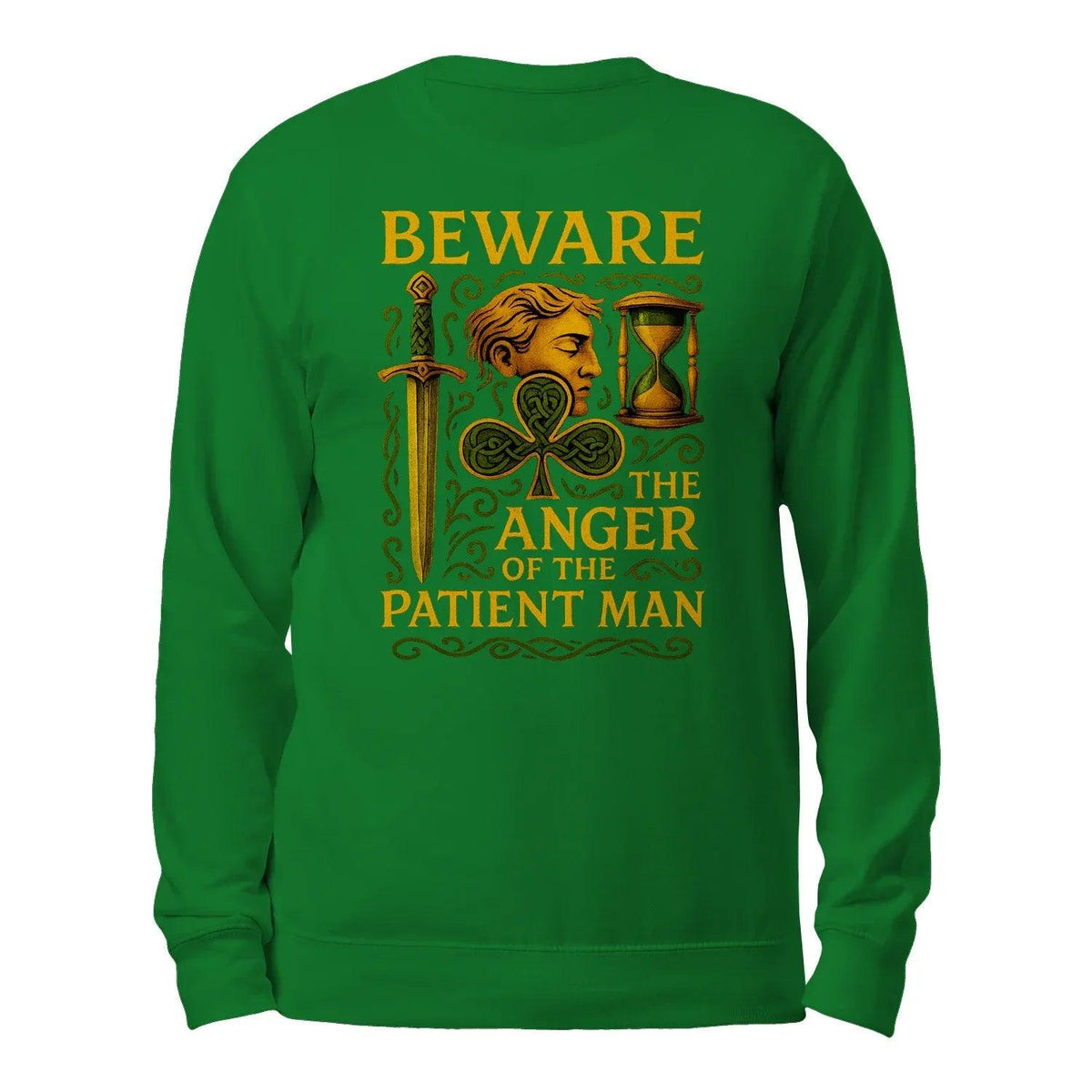 Forest green crewneck sweatshirt with back graphic text and hourglass design