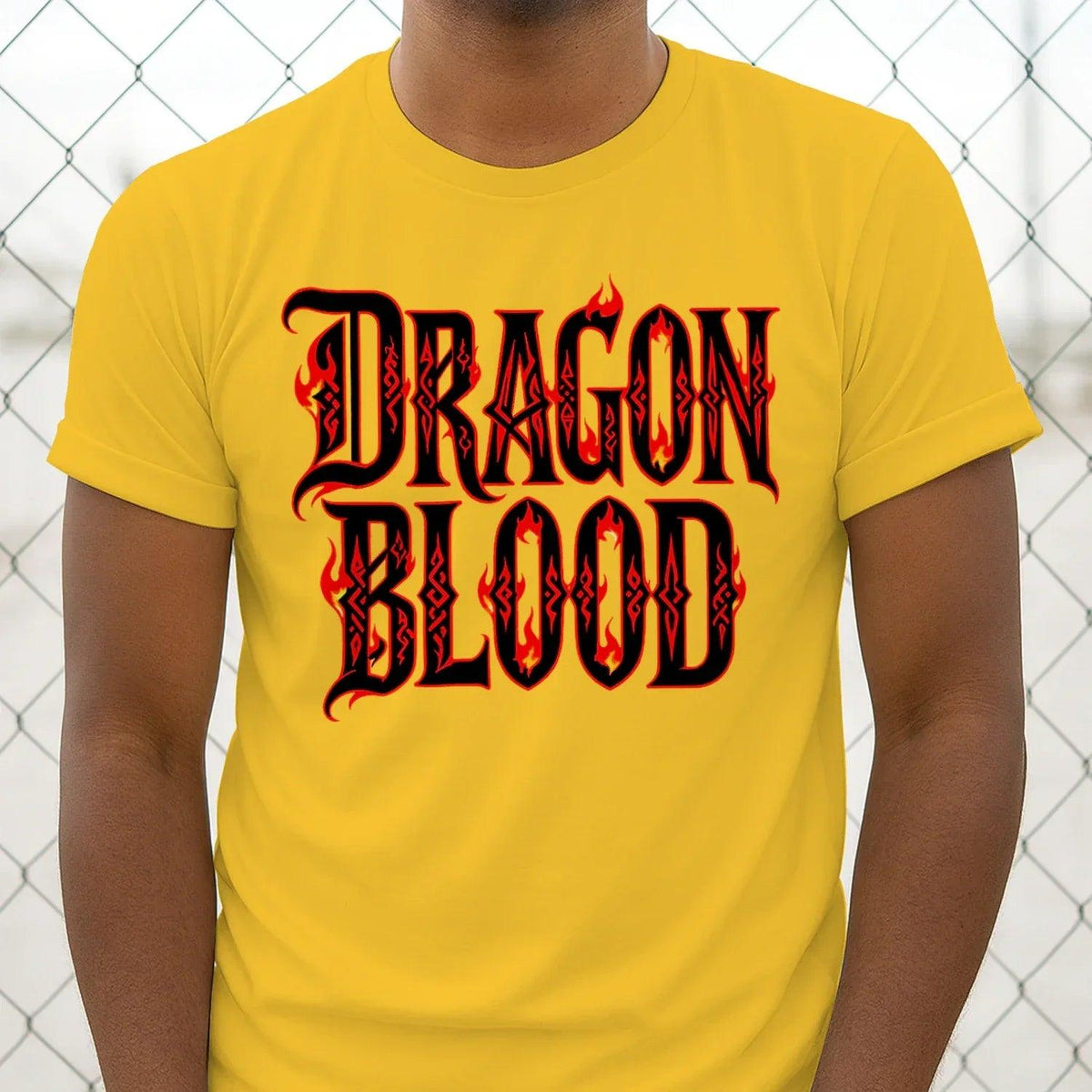 Unisex yellow short-sleeve T-shirt with Dragon Blood flaming gothic lettering print