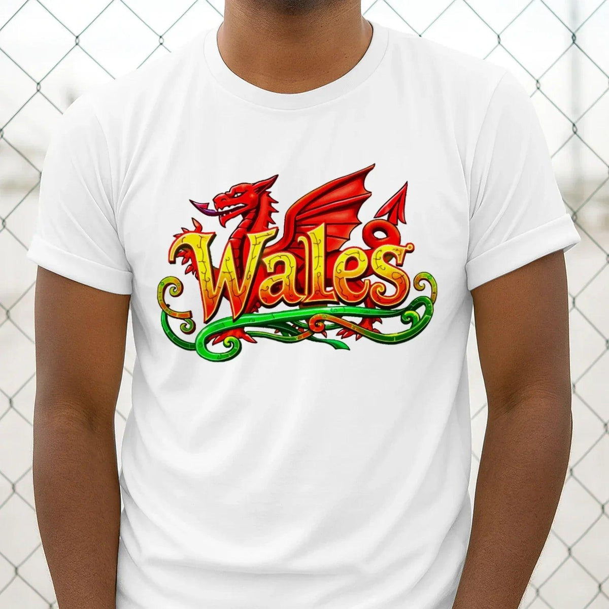 White dragon graphic T-shirt with “Wales” text and red wings on chest