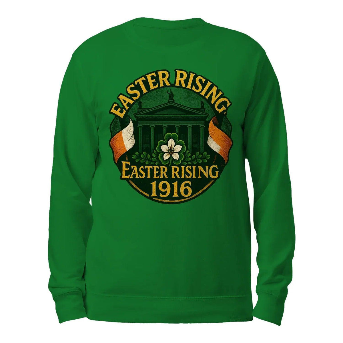 Green crewneck sweatshirt back with Easter Rising 1916 crest graphic
