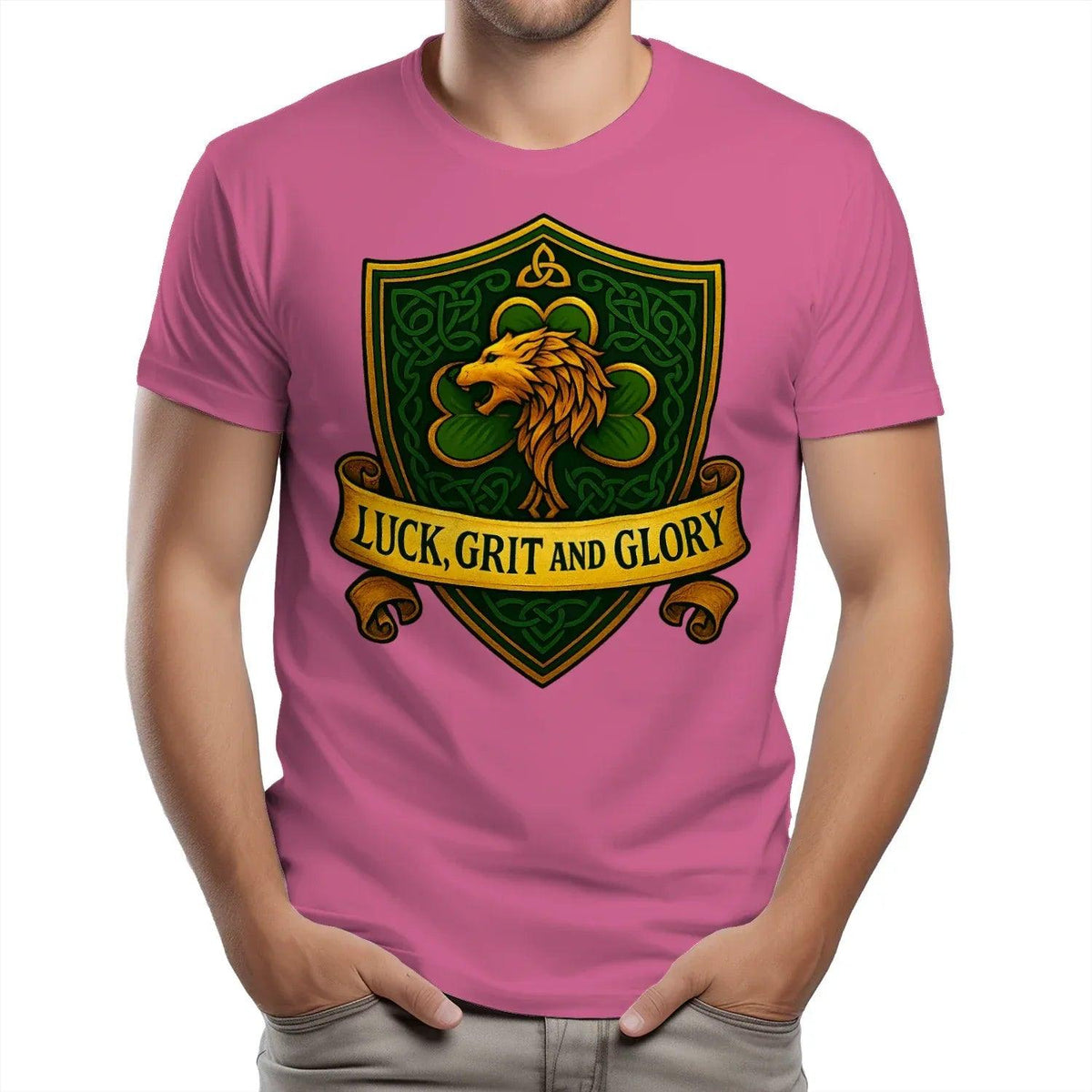 Purple heavy T-shirt with large chest shield logo: clover lion and gold text