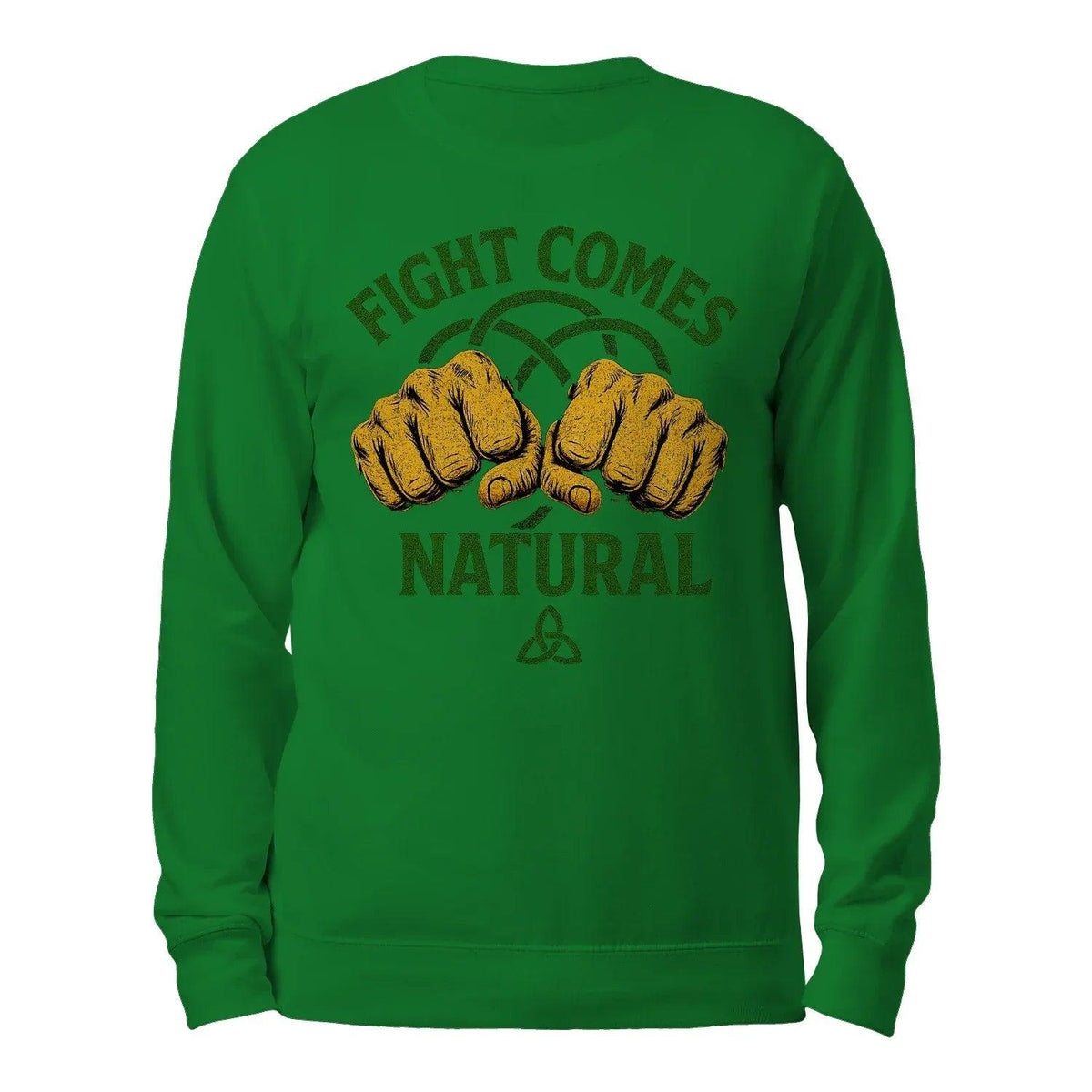 Green sweatshirt back with yellow boxing gloves, green text, and shamrock emblem