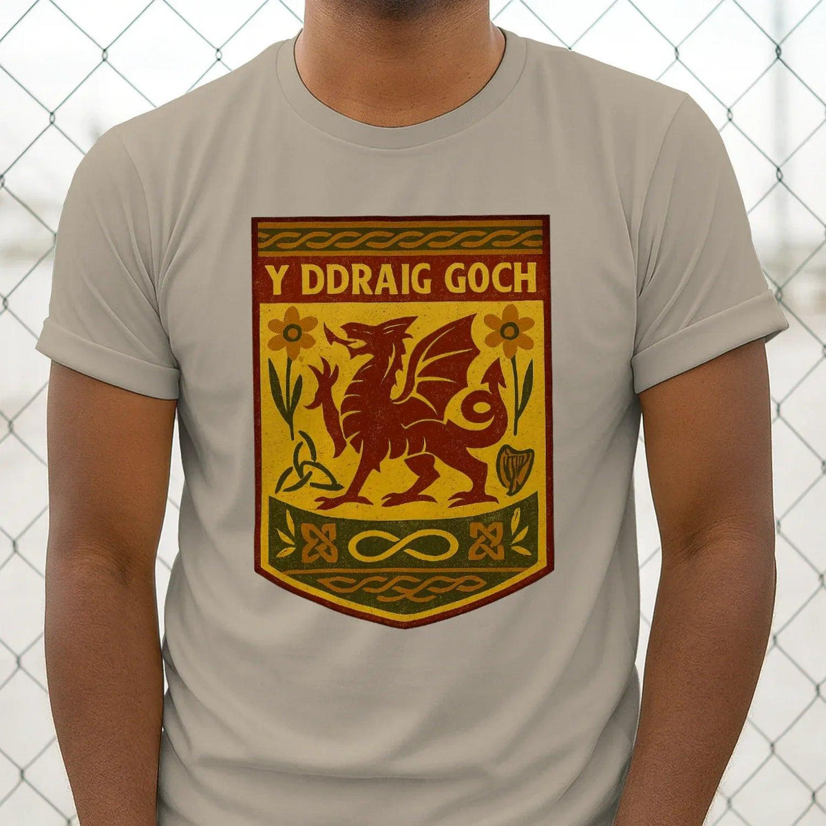 Men's light beige classic T-shirt with Y Ddraig Goch shield emblem on chest