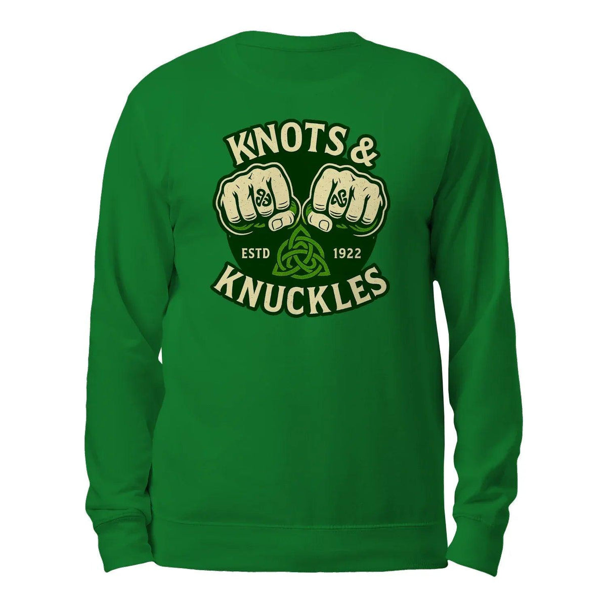 Green Celtic sweatshirt with Knots & Knuckles graphic print on the back