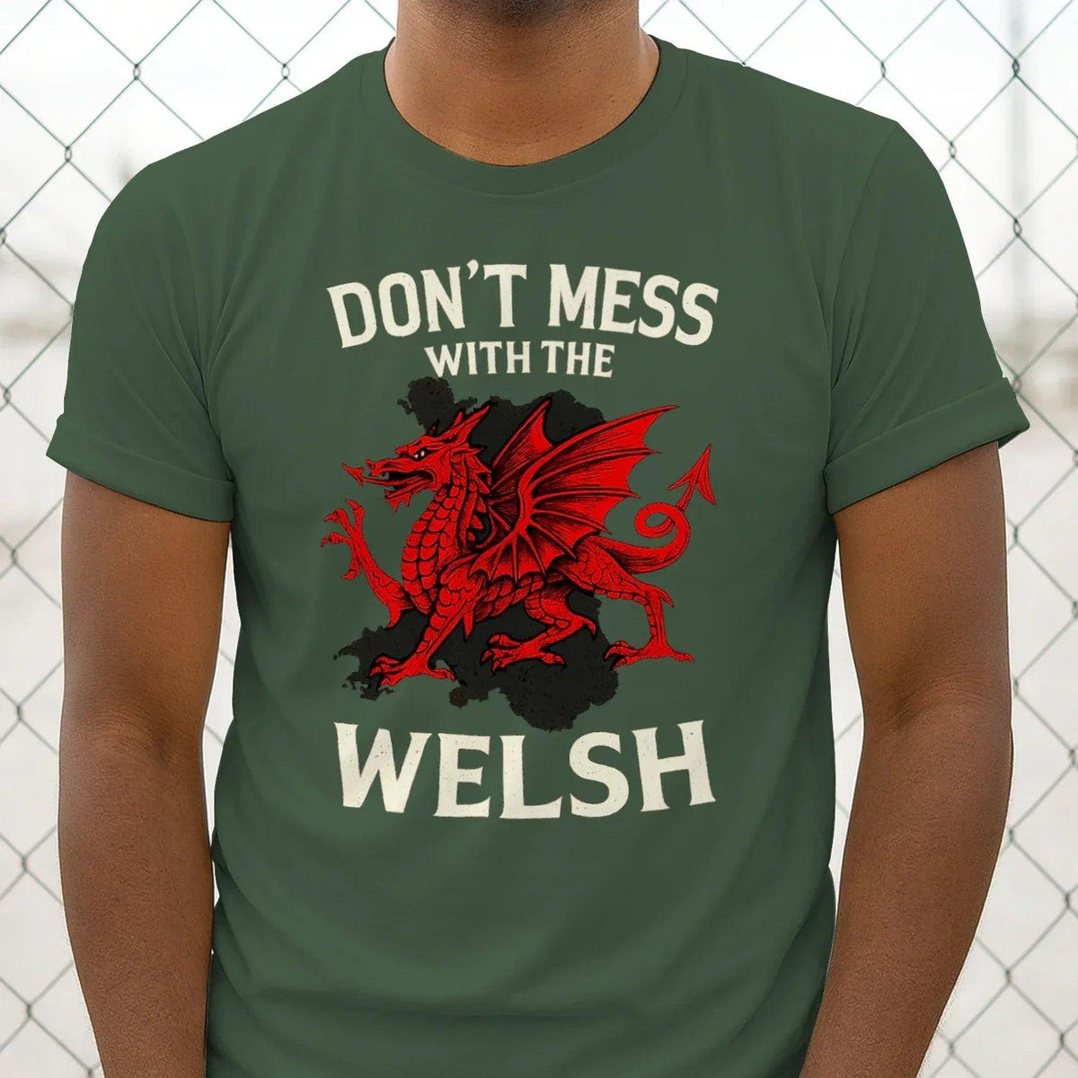 Men's Wales dragon t-shirt in green, bold 'DON'T MESS' and 'WELSH' front print.