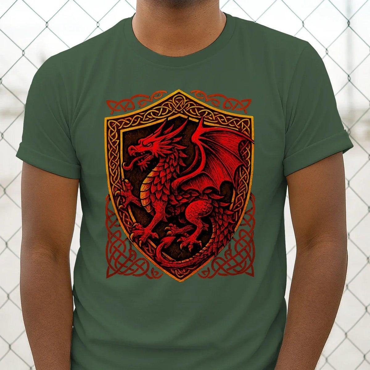Green cotton T-shirt with red and gold dragon shield crest print in center