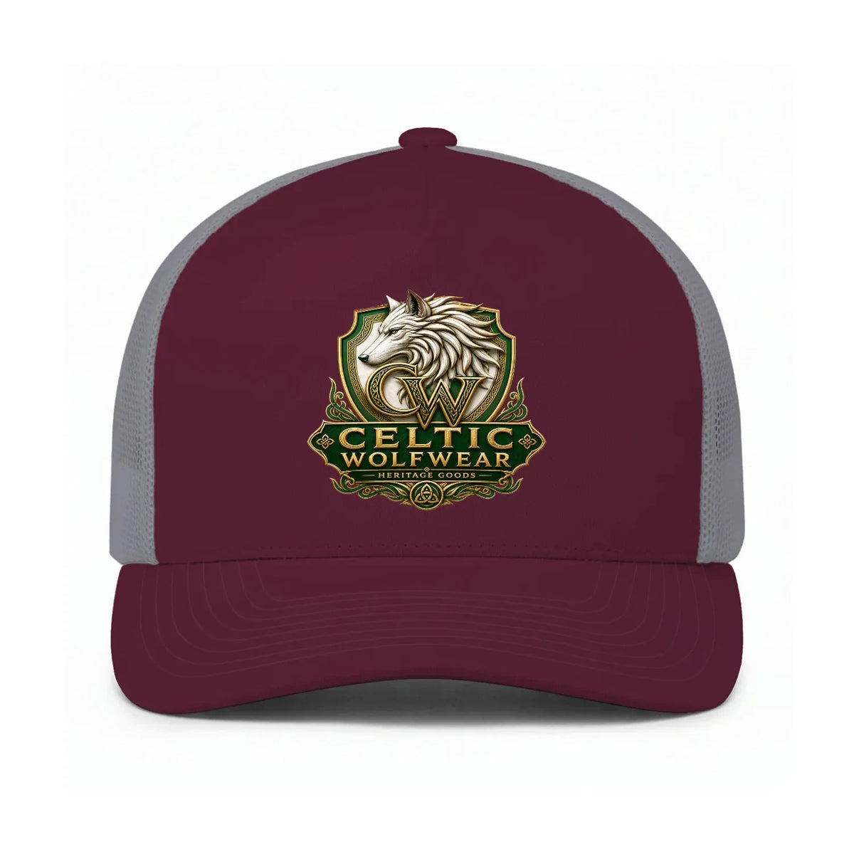 Burgundy trucker cap with DTG-printed Celtic Wolfwear crest and gray mesh sides