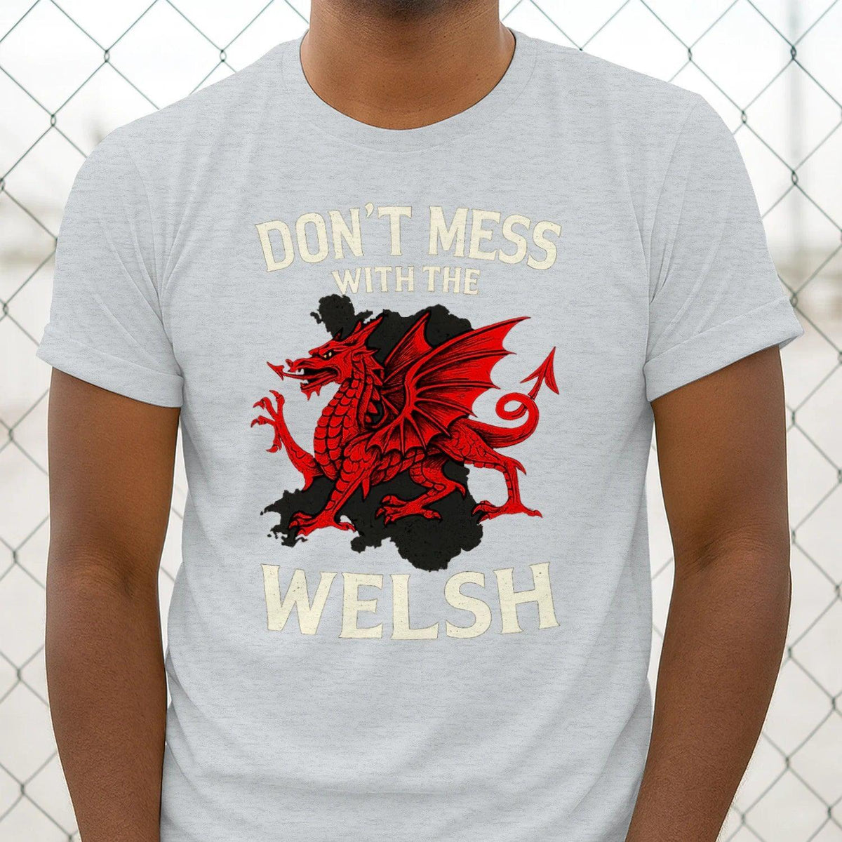 Grey T-shirt with red Welsh dragon and 'DON'T MESS WITH THE WELSH' print