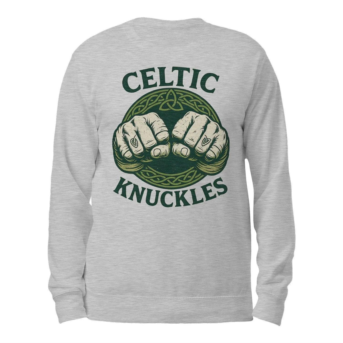 Heather grey crewneck sweatshirt with green Celtic knuckles back print