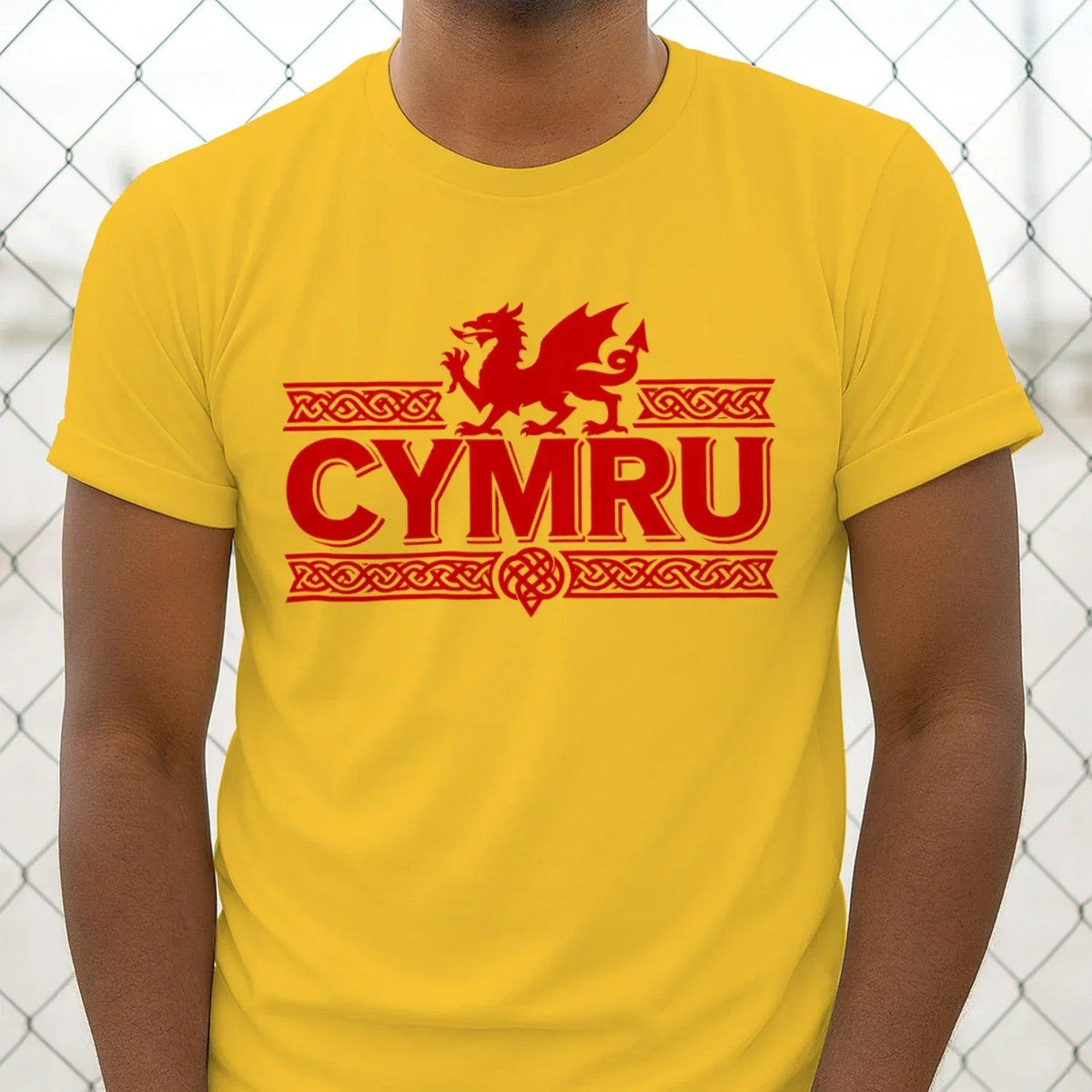 Bright yellow T-shirt with red dragon and CYMRU crest front print