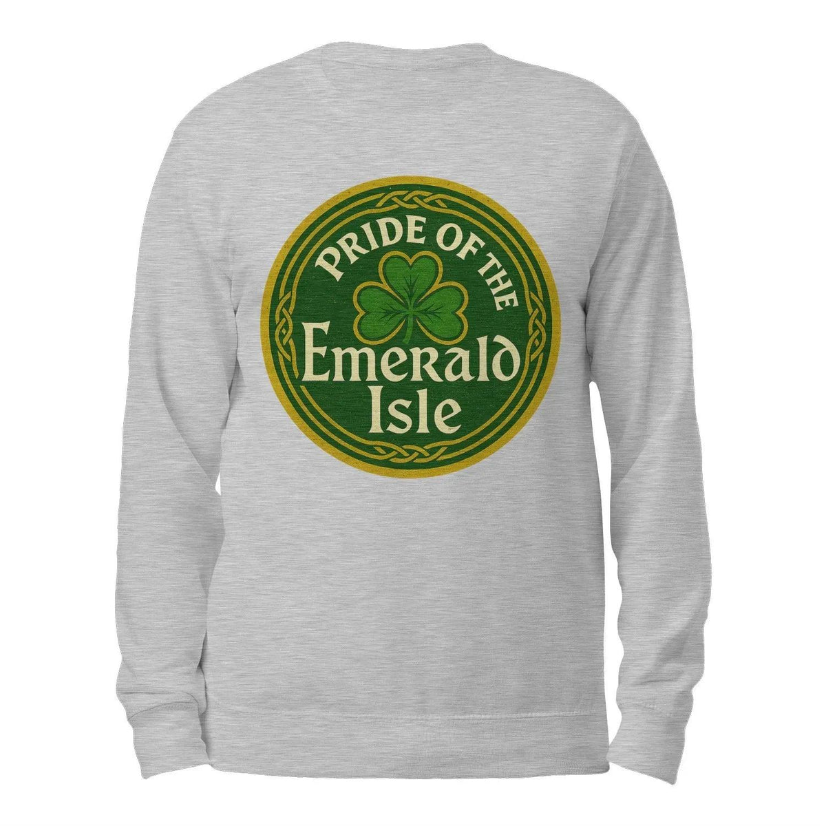 Heather grey crewneck sweatshirt with Pride of the Emerald Isle logo on back, long sleeves