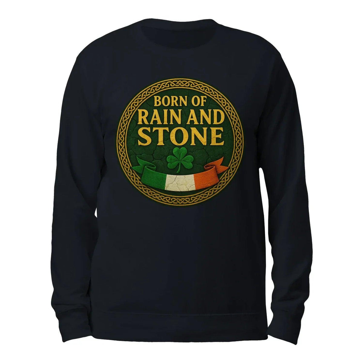 Dark crewneck sweatshirt, back view, with large circular graphic logo