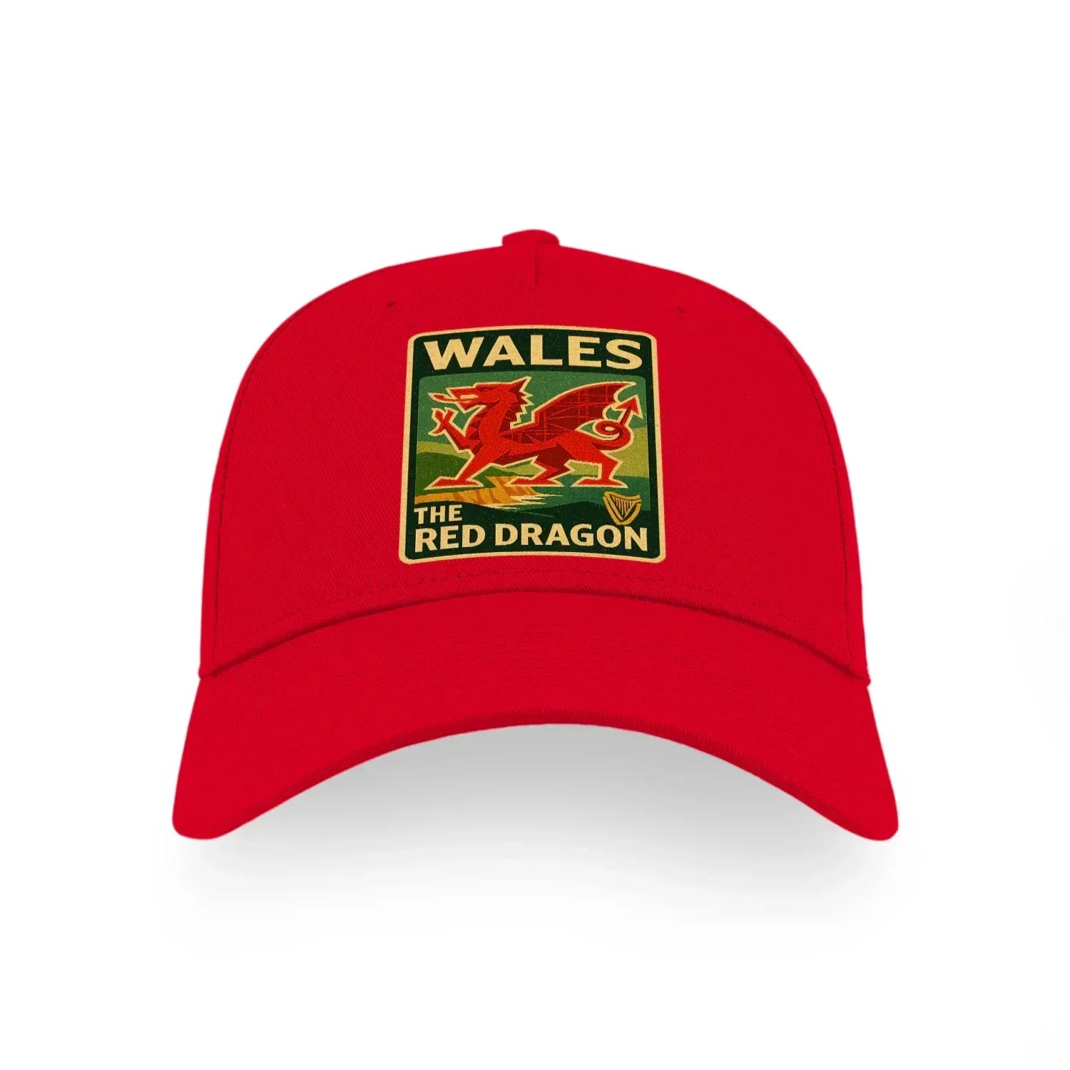 Red baseball cap with embroidered Wales “The Red Dragon” crest on the front.