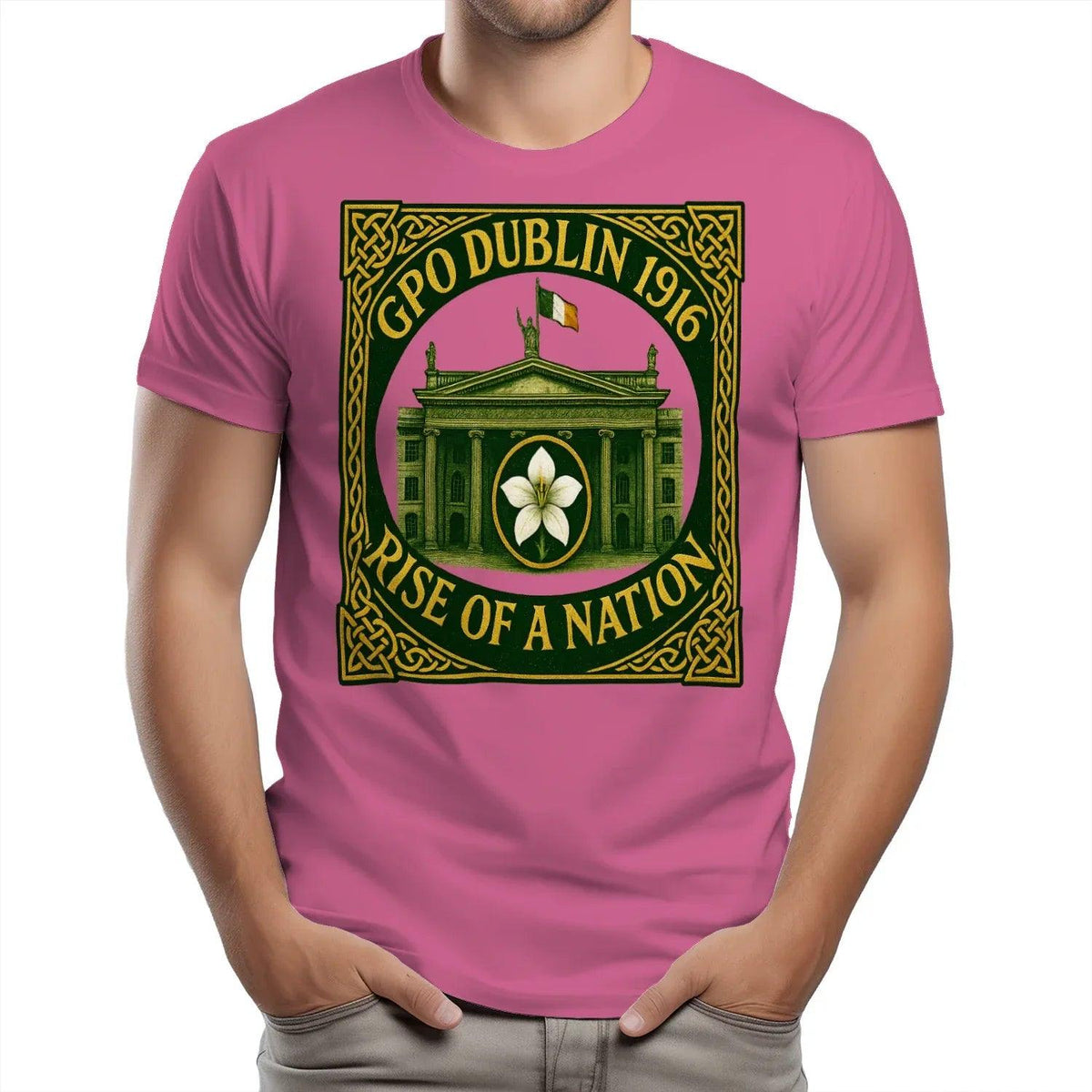 Unisex T-shirt in dark pink with GPO Dublin 1916 crest graphic on chest