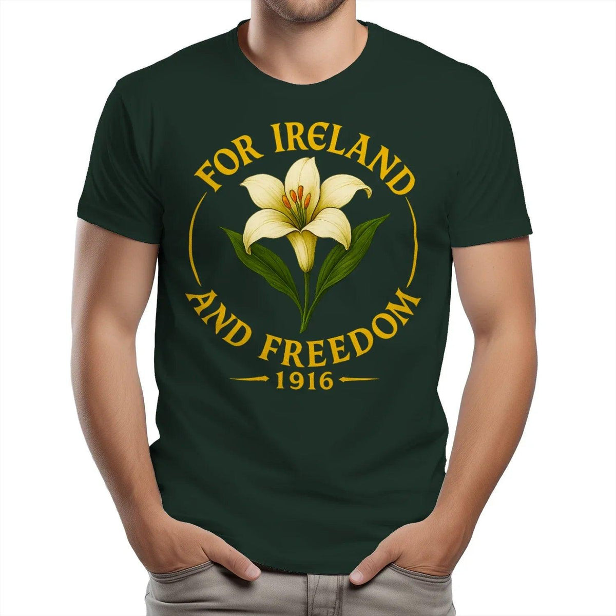 Forest green cotton T-shirt with circular gold “FOR IRELAND AND FREEDOM 1916” print
