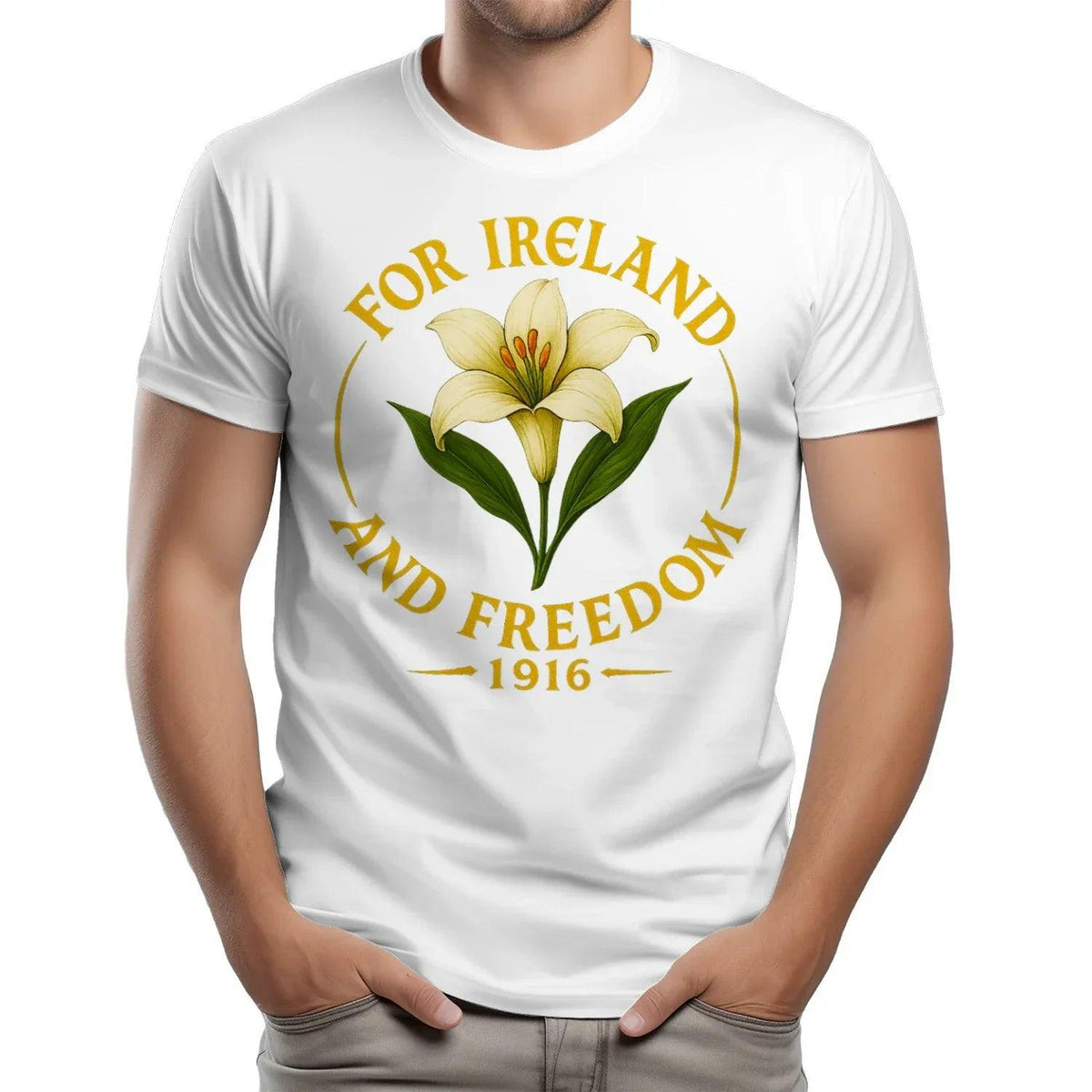 Light gray-white cotton T-shirt with gold “FOR IRELAND AND FREEDOM 1916” circular daffodil