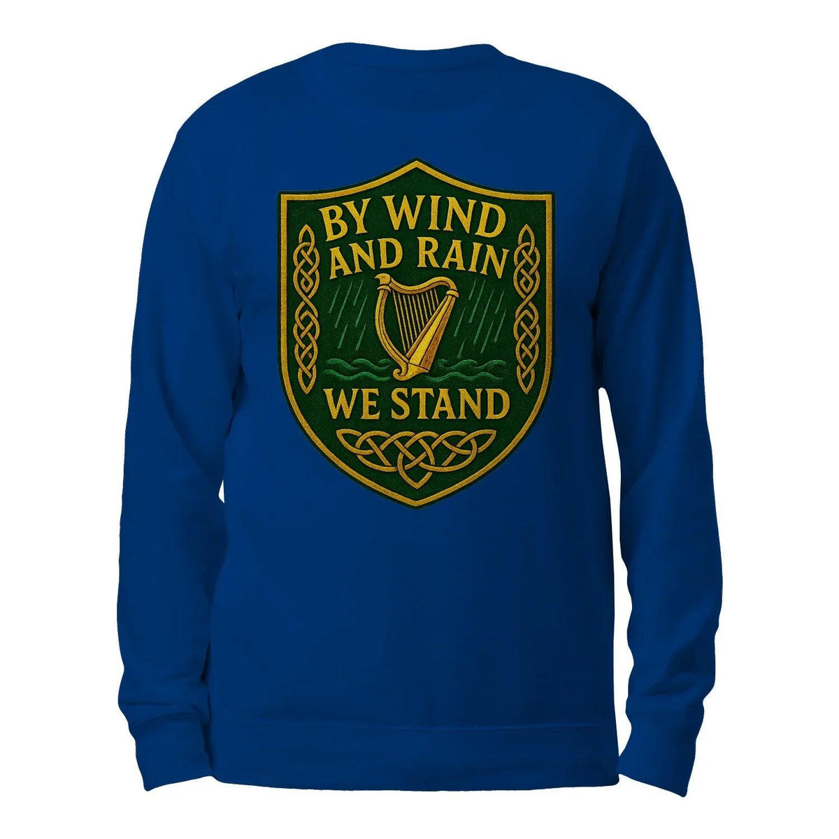 Royal blue sweatshirt with large shield graphic on front, crew neck, long sleeves