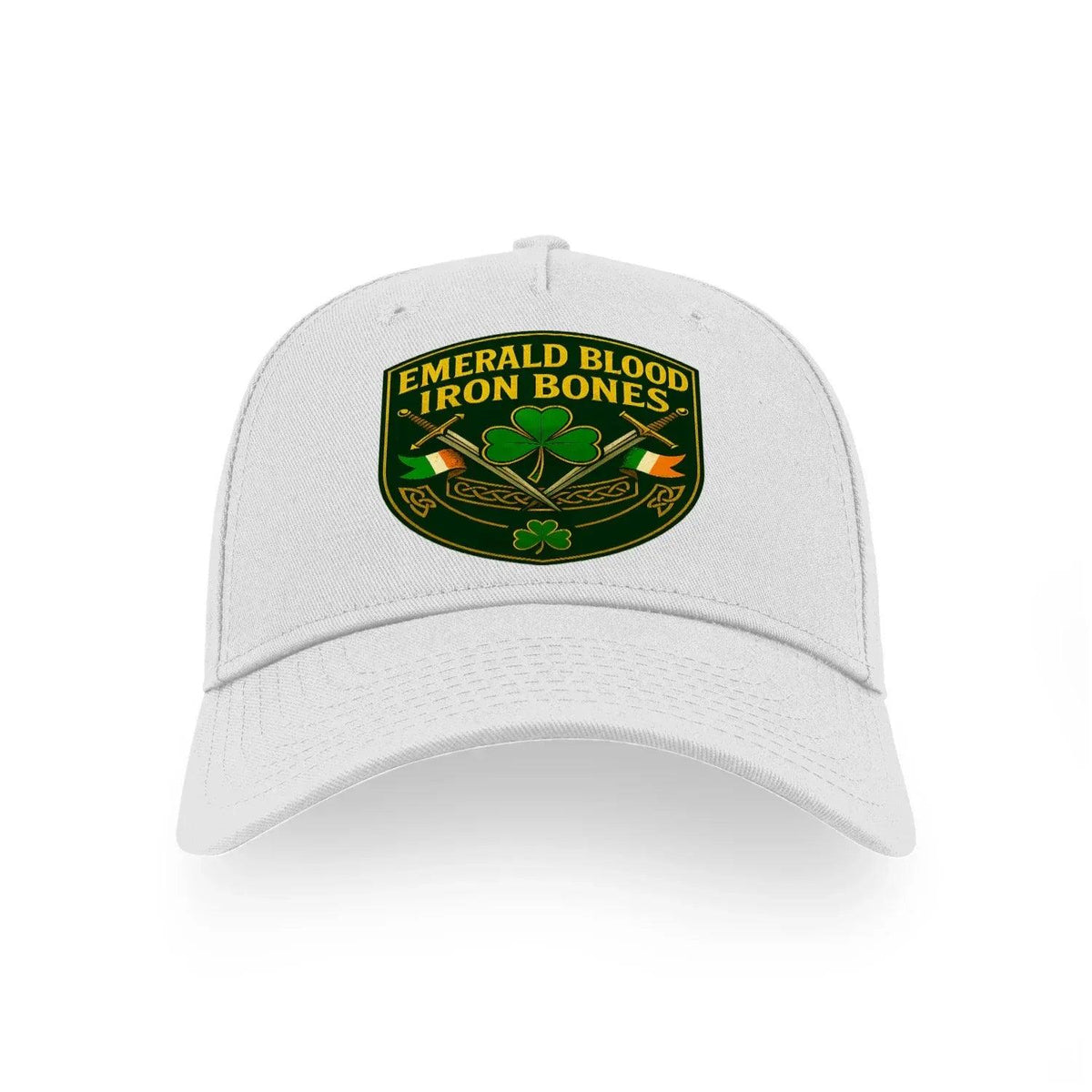 Light gray baseball cap with embroidered “Emerald Blood Iron Bones” crest on front