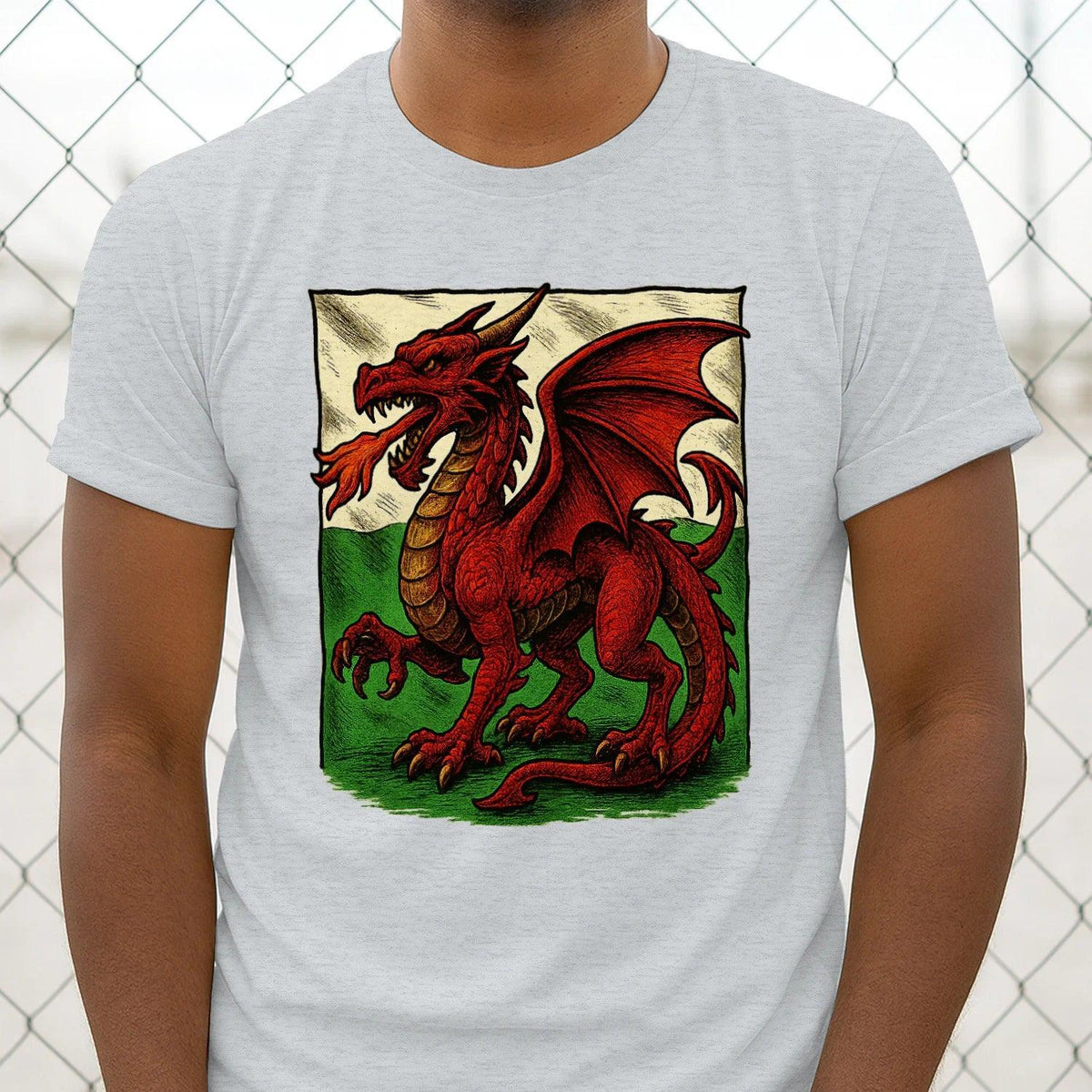 Unisex Celtic dragon emblem T-shirt, light gray with red Welsh dragon emblem