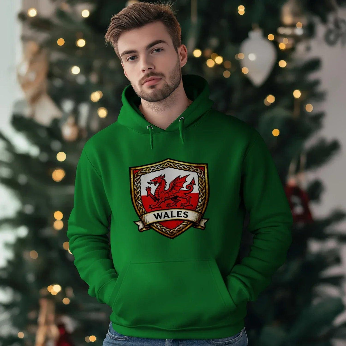 Green hoodie with kangaroo pocket and Wales crest dragon logo on front