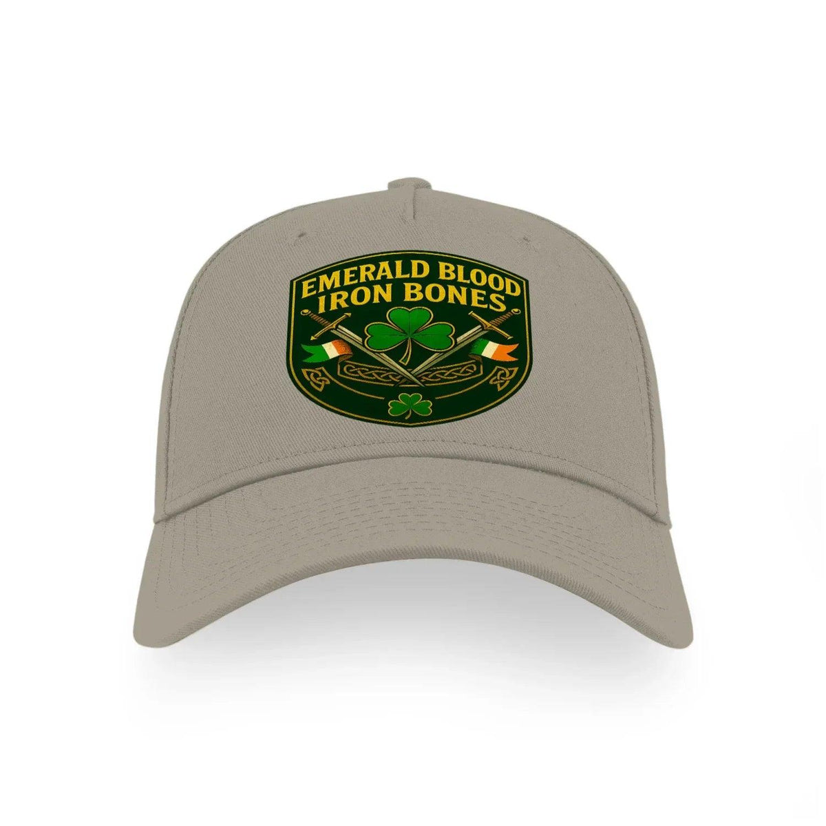 Light grey sports baseball cap with Emerald Blood Iron Bones logo patch