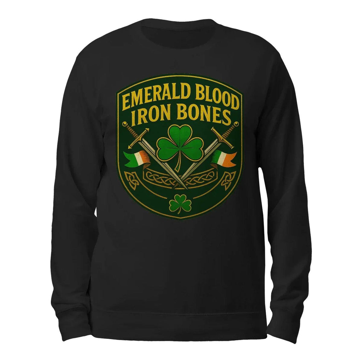 Black sweatshirt, back view, shield graphic with clover and crossed bones