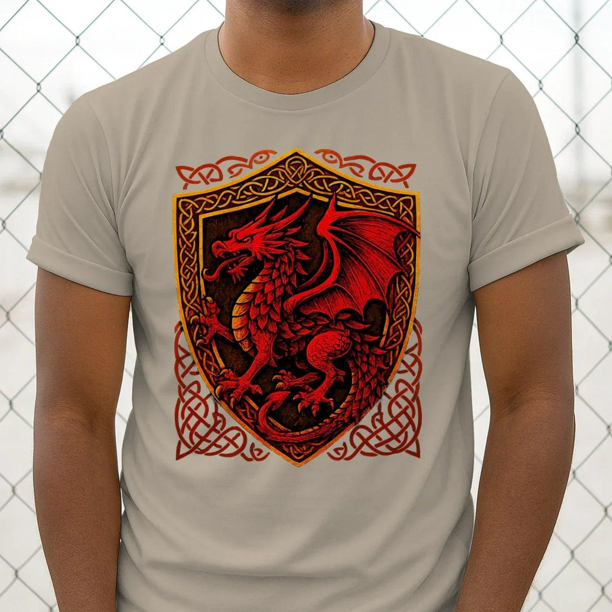 Tan cotton crew-neck T-shirt featuring red dragon shield crest graphic