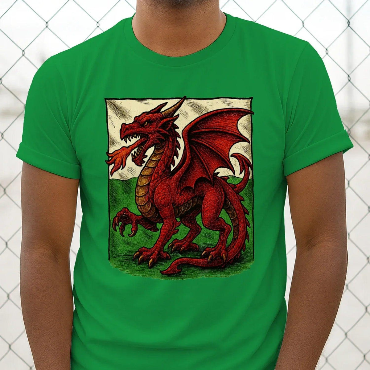 Unisex green graphic T-shirt with red Celtic dragon emblem on chest