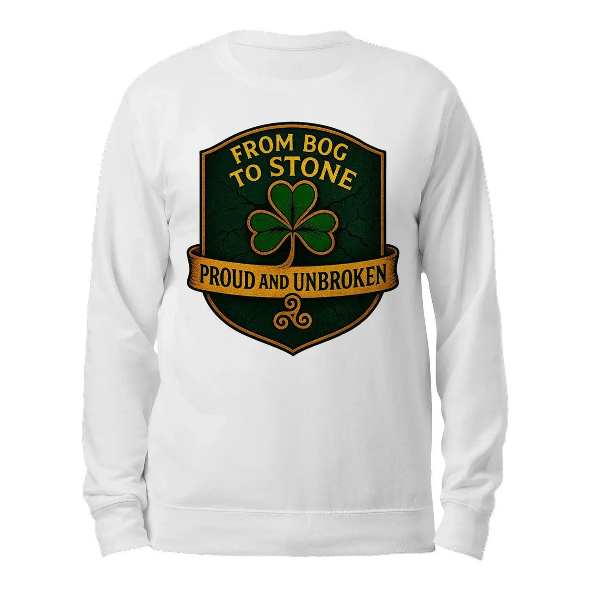 White crewneck sweatshirt, back view with clover crest graphic