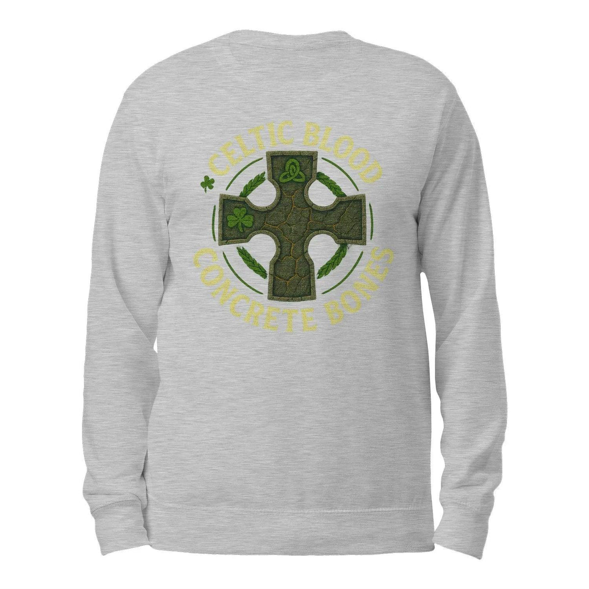 Heather grey sweatshirt, back view, Celtic cross graphic with 'CELTIC BLOOD CONCRETE BONES'