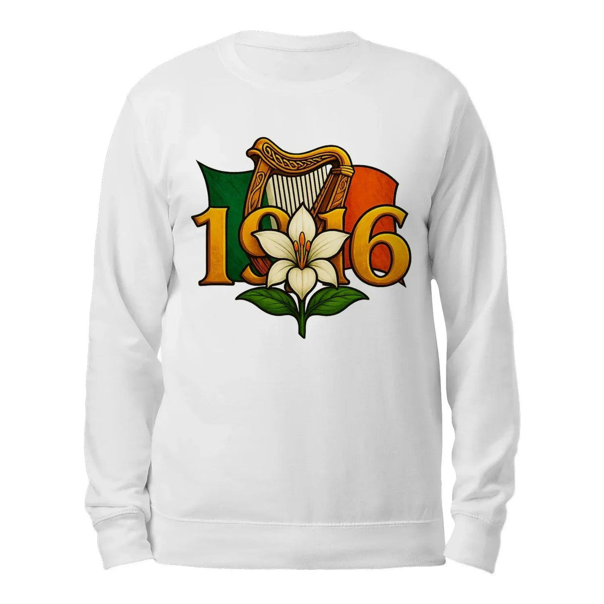 White sweatshirt, back view, with 1916 graphic and Easter lily emblem