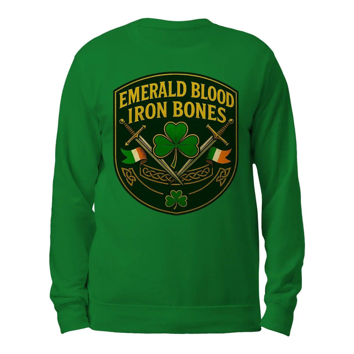 Green sweatshirt, back view, shield graphic with clover and crossed bones