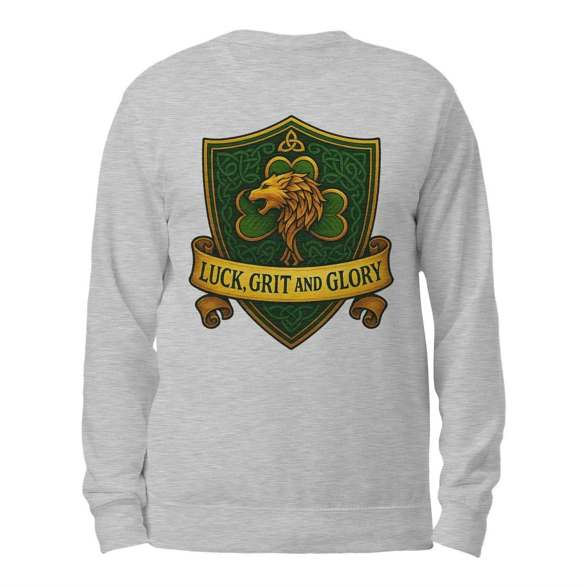 Heather grey crewneck sweatshirt back view with green lion crest graphic and banner text