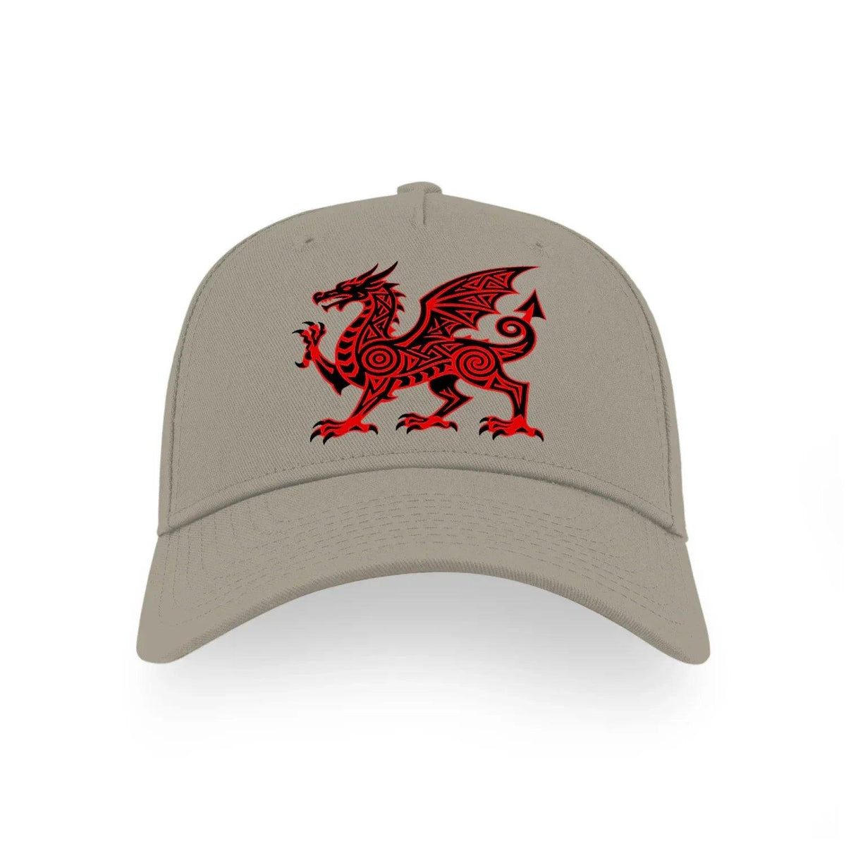 Taupe baseball cap with a red dragon emblem on the front.