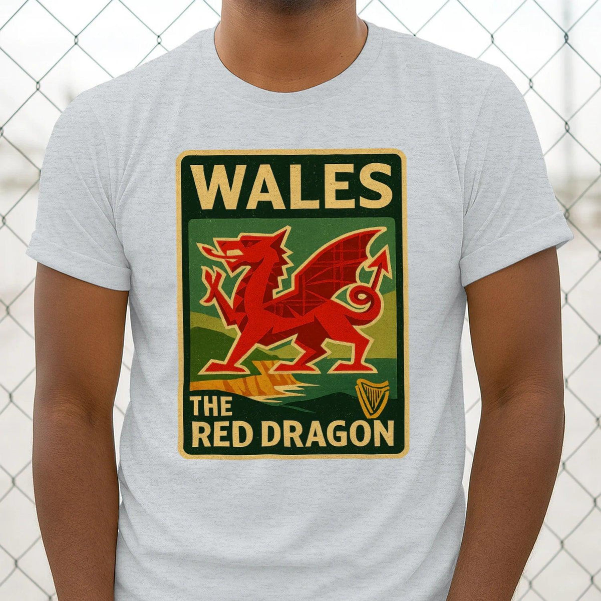 Men's grey T-shirt with large Wales red dragon crest graphic at center front.