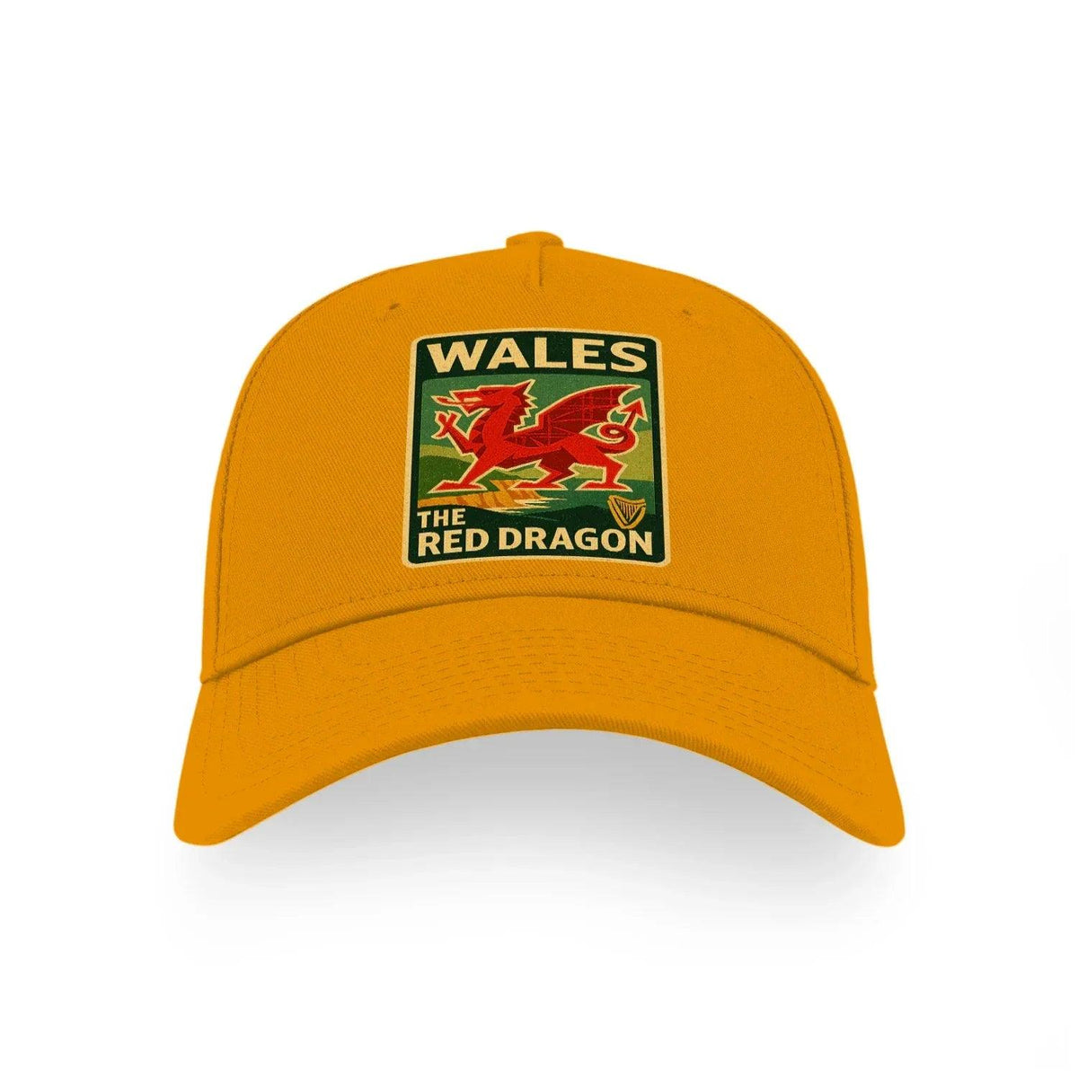 Yellow baseball cap with embroidered Wales “The Red Dragon” crest on the front.