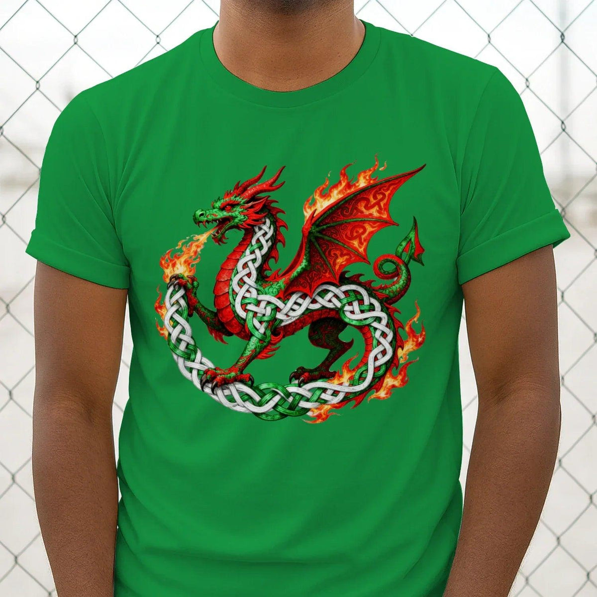 Irish green T-shirt with fiery dragon wings and green celtic knot graphic