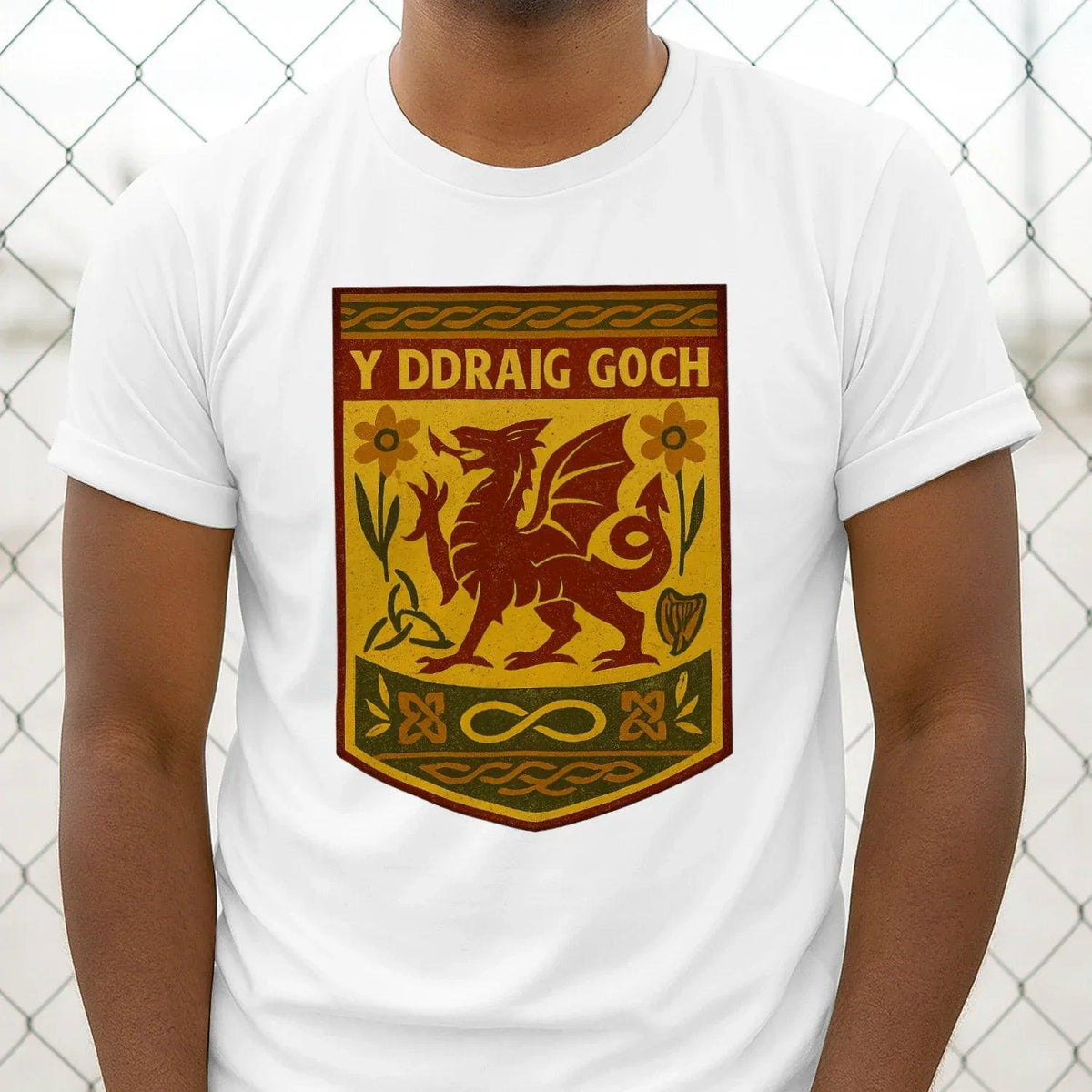 White classic T-shirt with chest shield graphic and dragon illustration