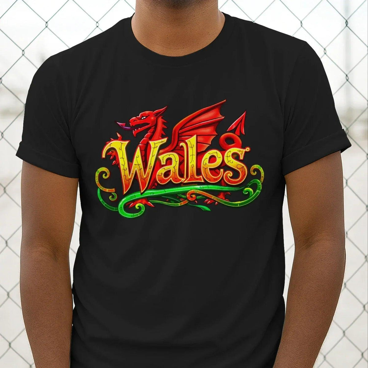 Men's graphic cotton T-shirt, black with Wales dragon front graphic