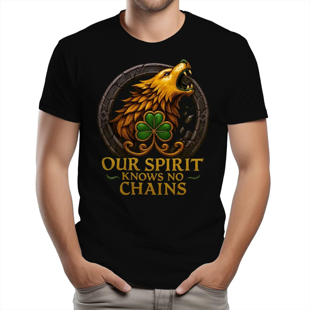 Black crewneck T-shirt with close-up circular wolf and clover graphic on front