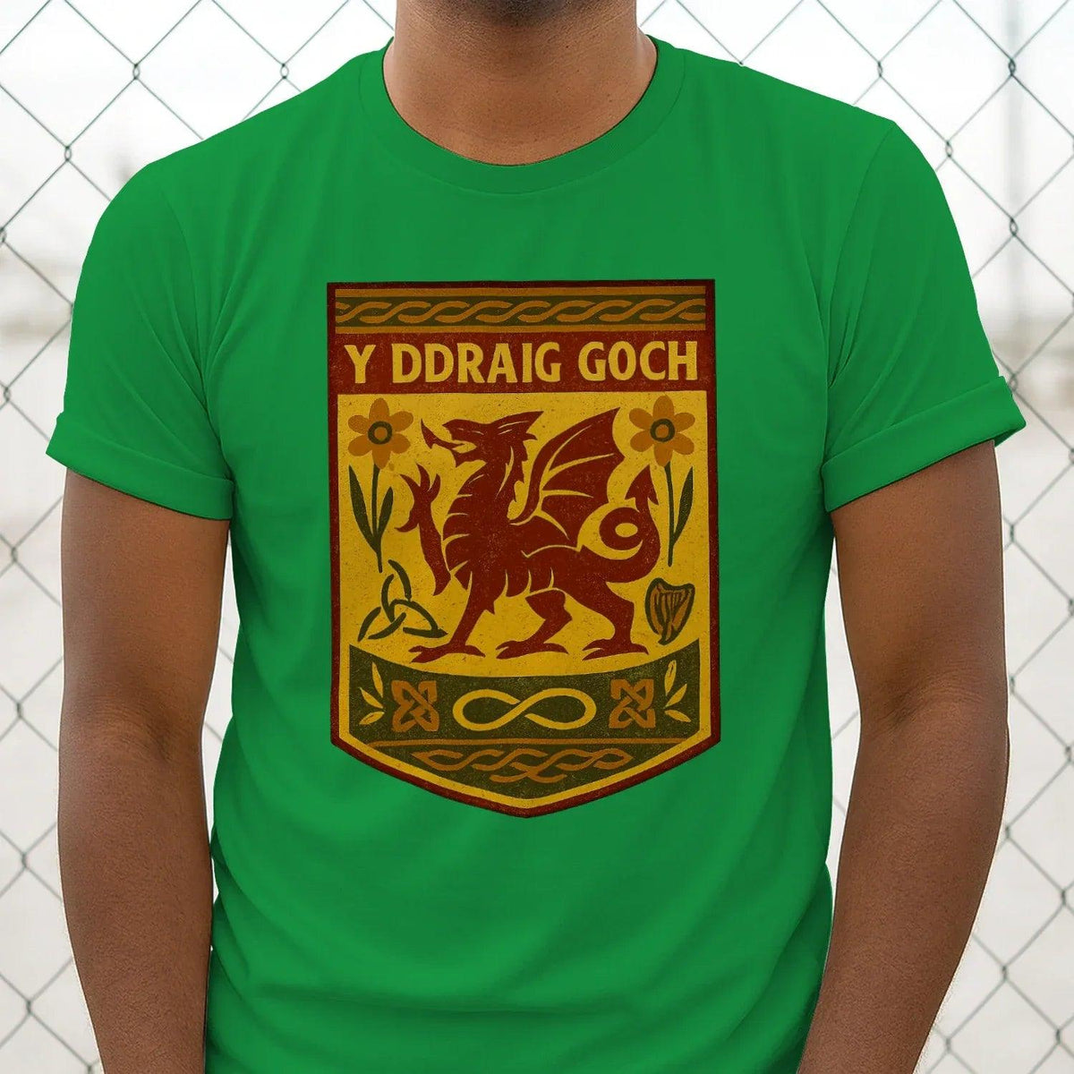 Men's green classic T-shirt with Y Ddraig Goch shield logo on chest