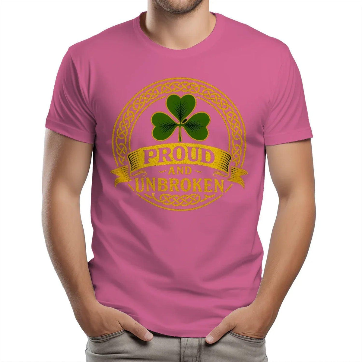 Azalea heavy cotton T-shirt with front shamrock graphic and “Proud and Unbroken” text