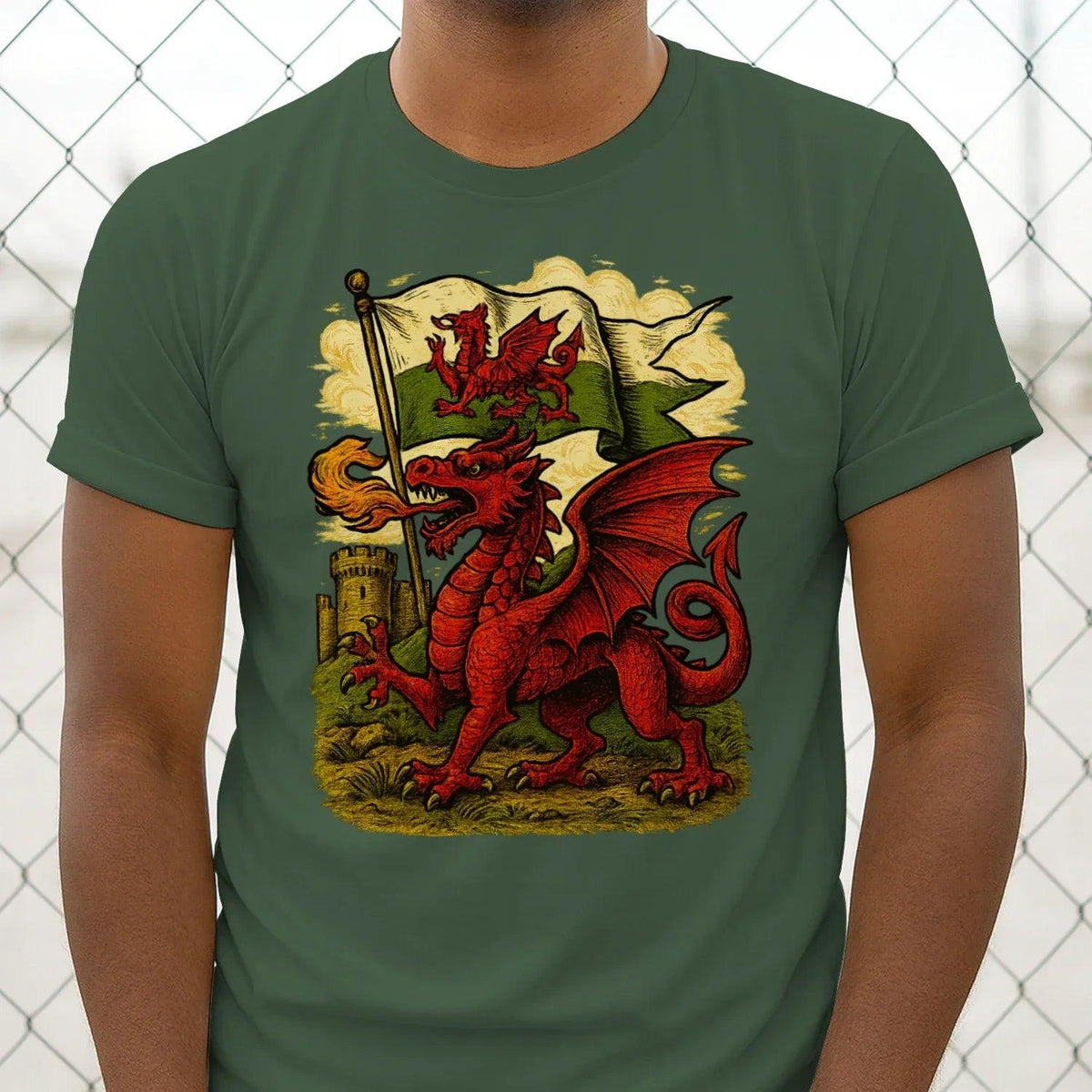 Men's T-shirt in dark green with large red dragon and Welsh flag front graphic
