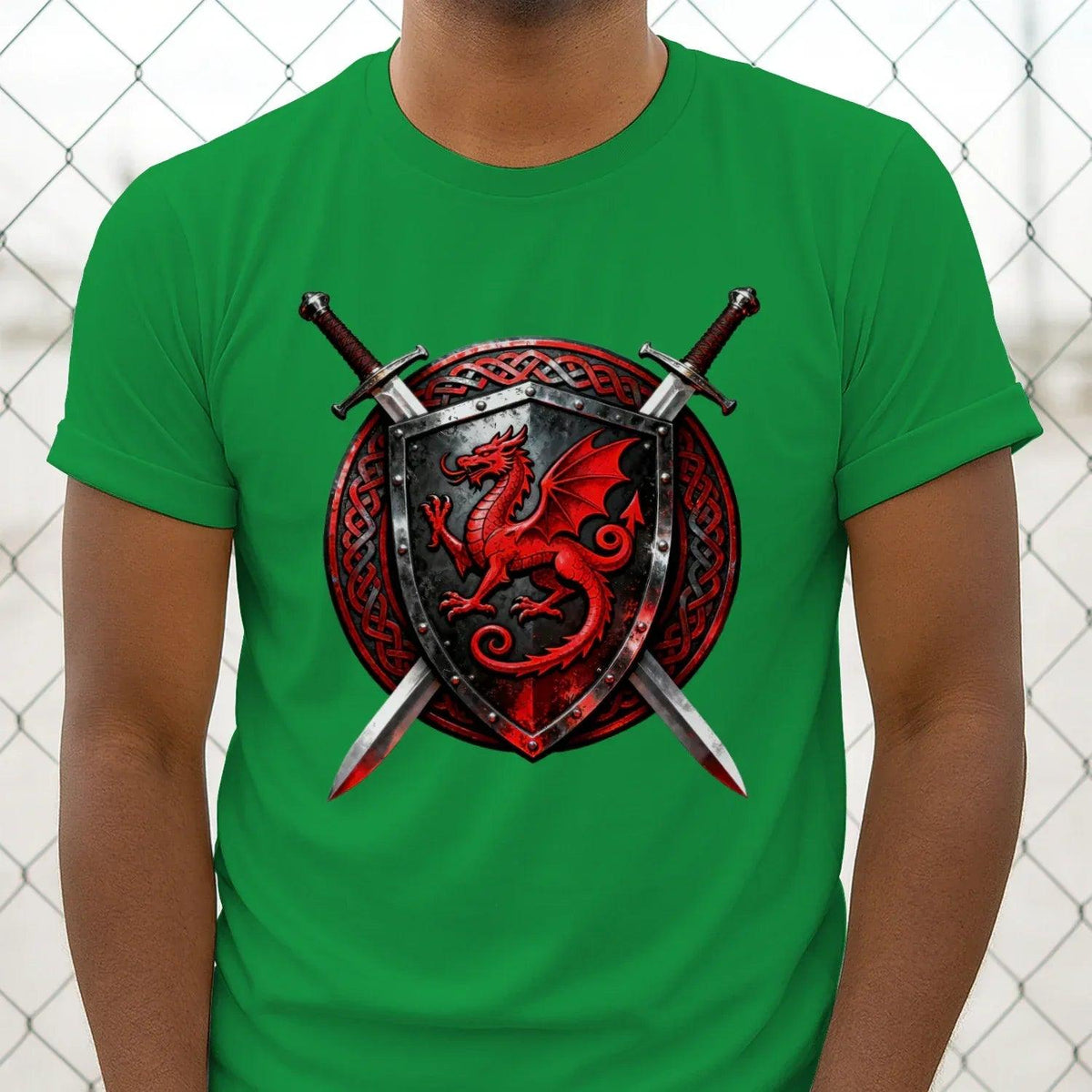Men's green classic T-shirt close-up of red dragon shield and crossed swords chest graphic