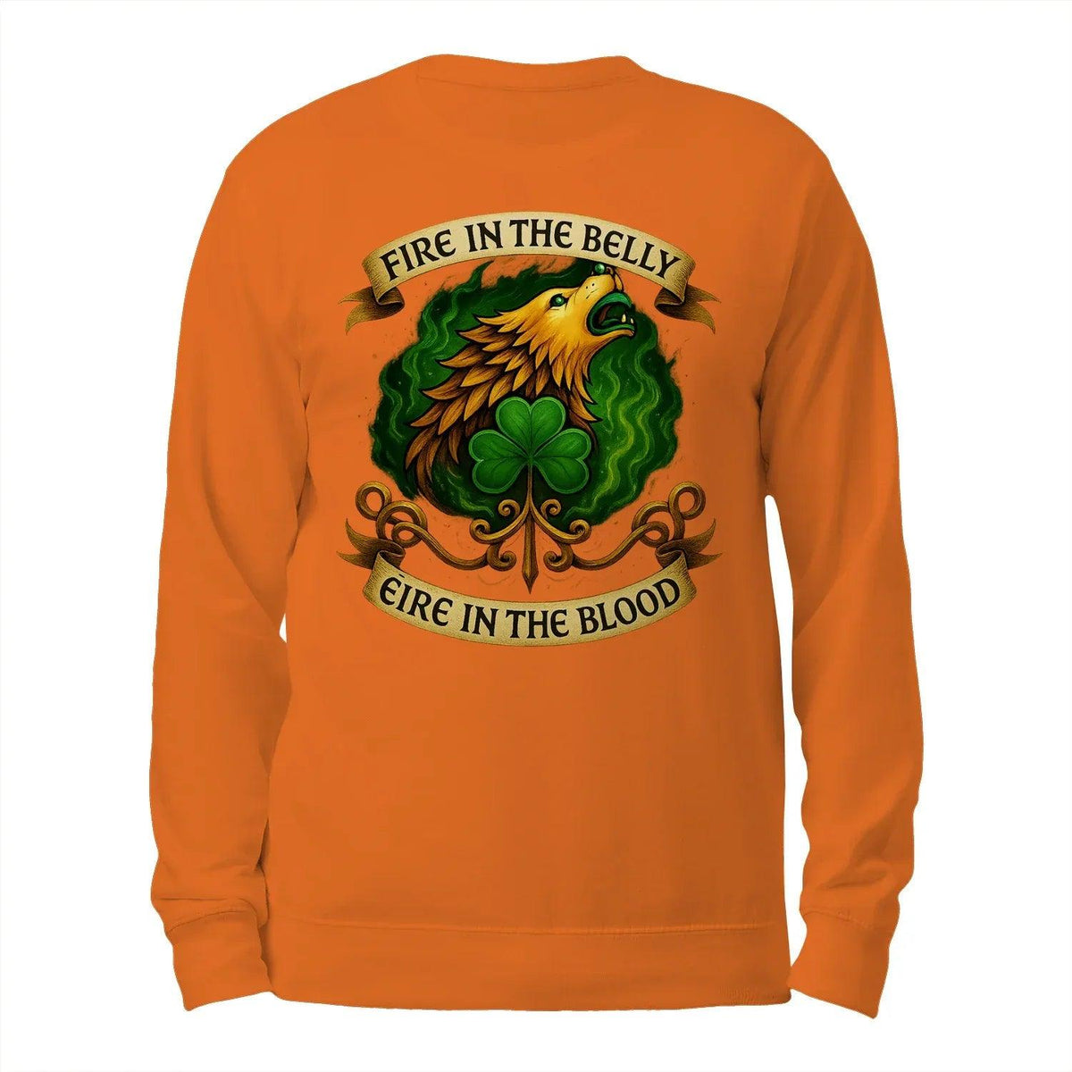 Orange pullover sweatshirt, back view, rooster-clover graphic with ribbon text