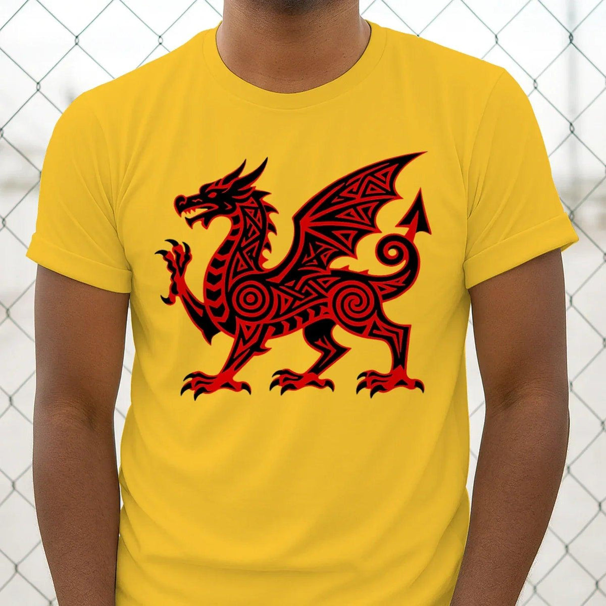 Bright yellow crewneck T-shirt with red Welsh dragon emblem on the front