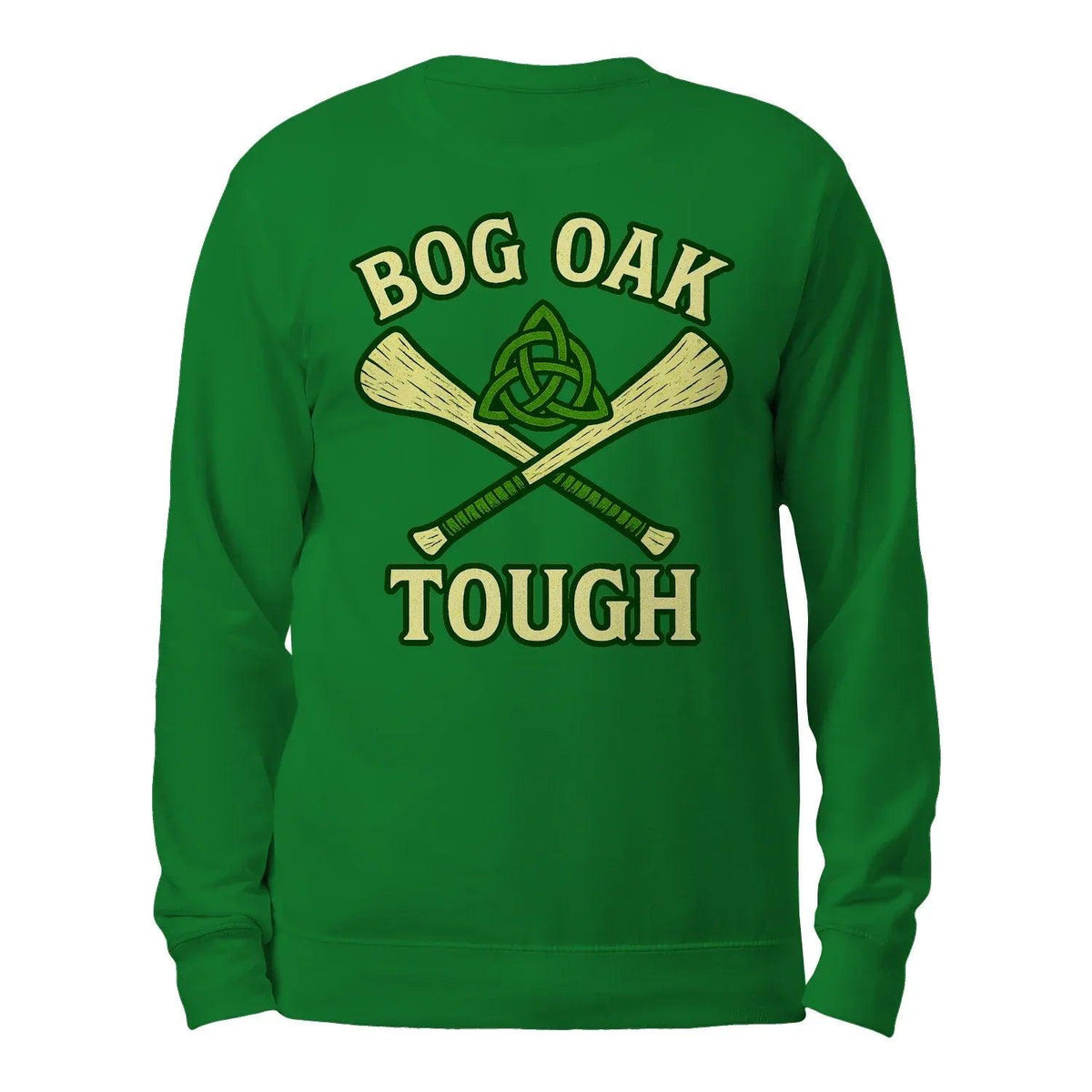 Green crewneck sweatshirt with “BOG OAK TOUGH” graphic on back