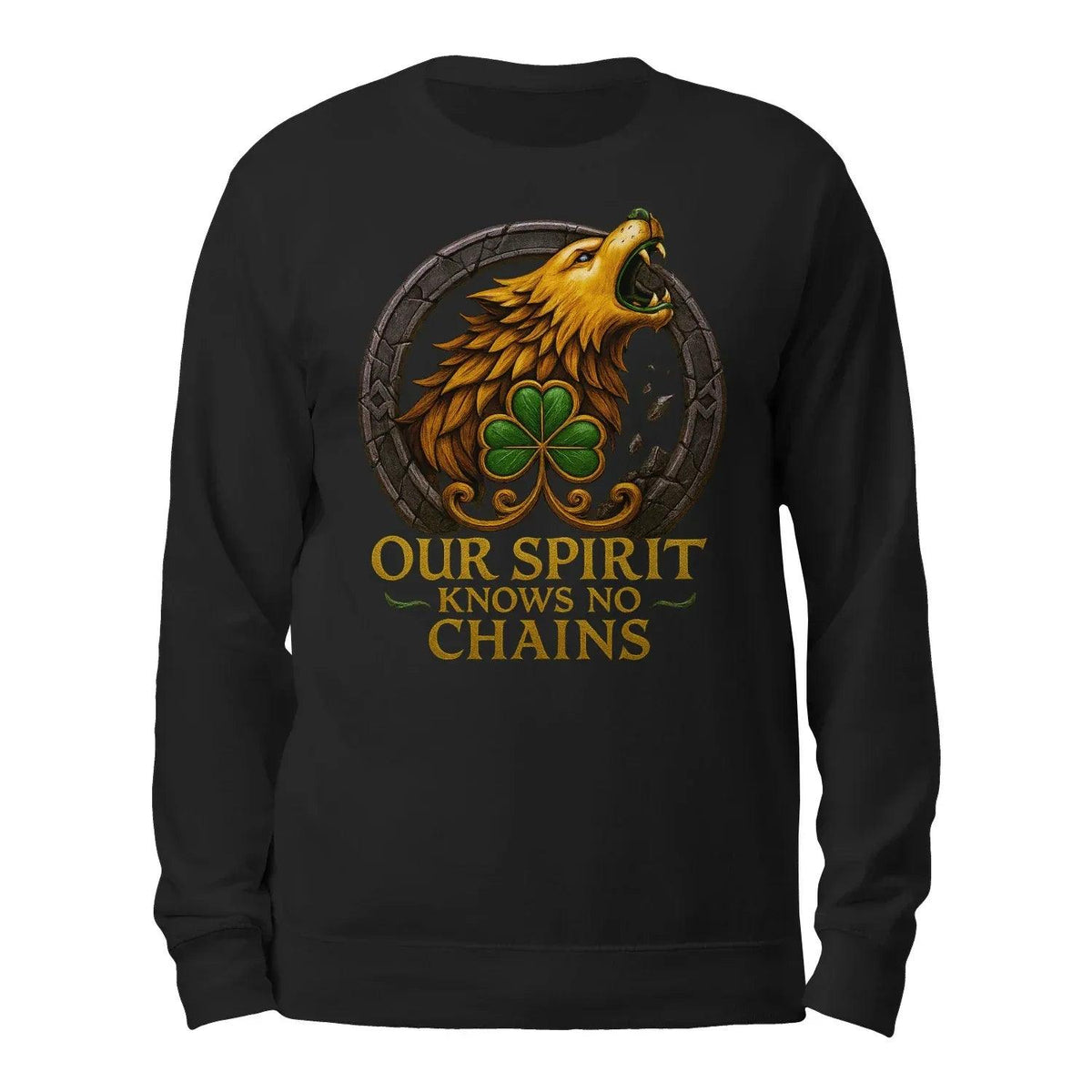 Black sweatshirt with eagle-clover graphic and “Our Spirit Knows No Chains” text