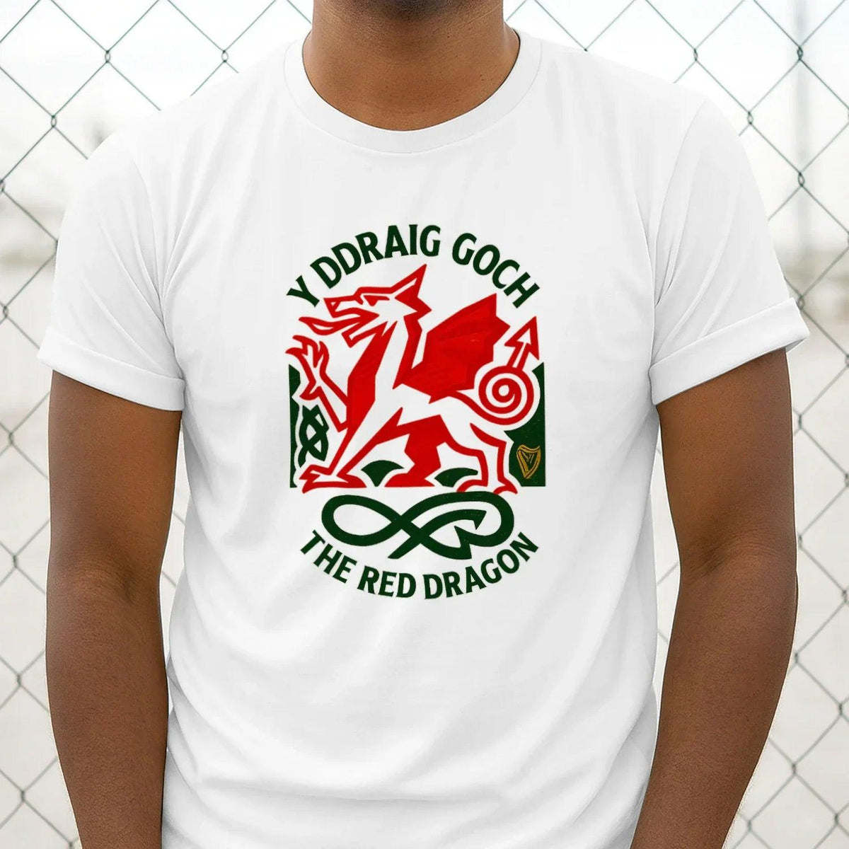 White crew-neck T-shirt with large red dragon emblem and green text