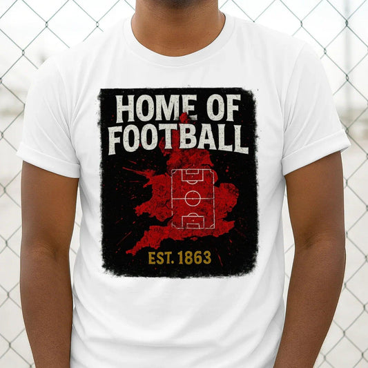 White cotton T-shirt with front graphic 'HOME OF FOOTBALL' and red map, Est. 1863 — England heritage t-shirt gift | Celtic Wolf Wear® UK